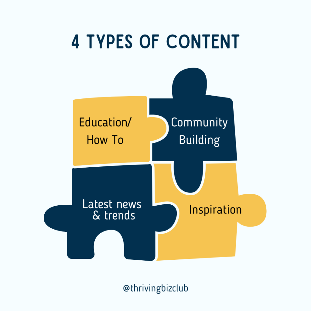 4 Types of content 
1. education/how to
2. community building 
3. latest news & trends 
4. inspiration 