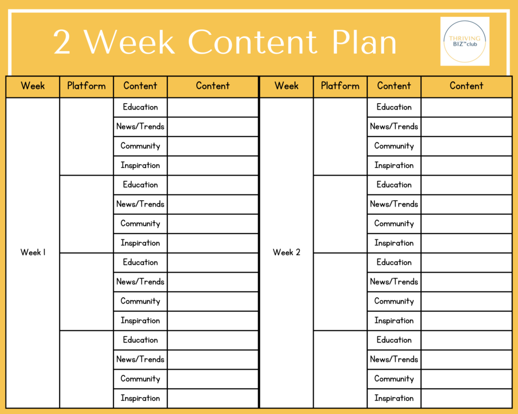 2 week social media content plan 
with week, platform, and the content with content pillars