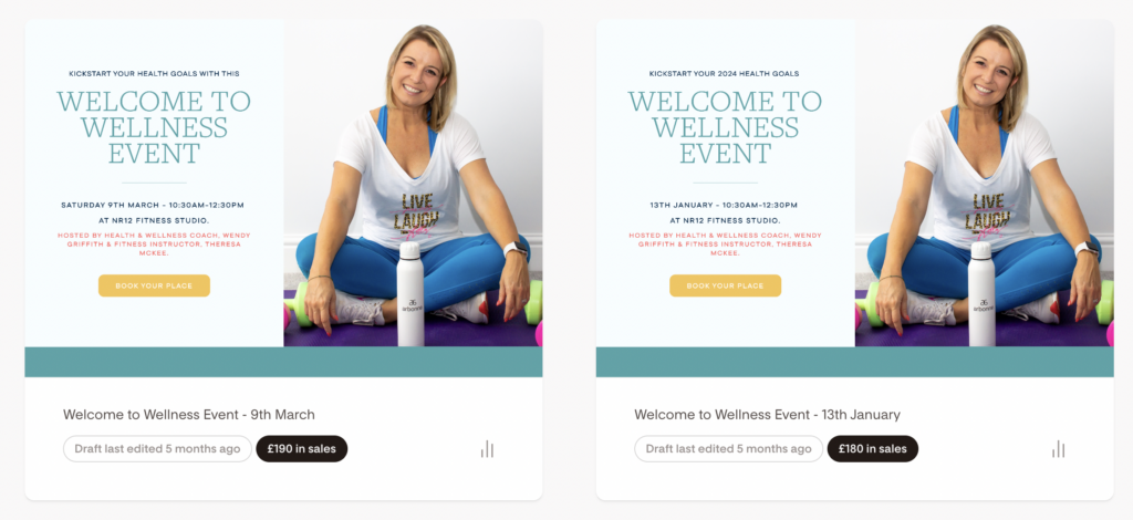 Examples of my Flodesk checkout for my Wellness events for email marketing